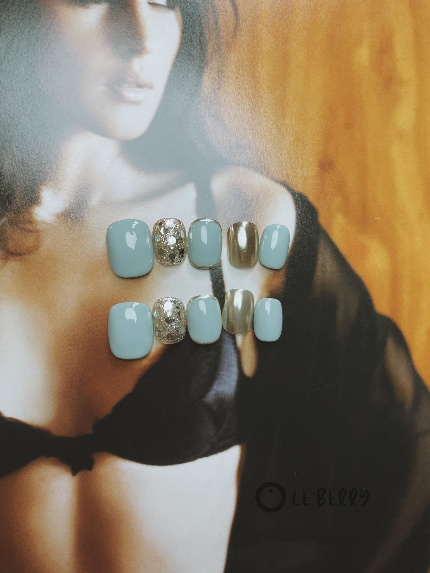 Le Berry Blue Glitter Squoval Short Nails Press On Nails False Nails - Le Berry