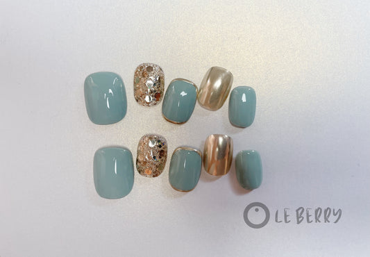 Le Berry Blue Glitter Squoval Short Nails Press On Nails False Nails - Le Berry