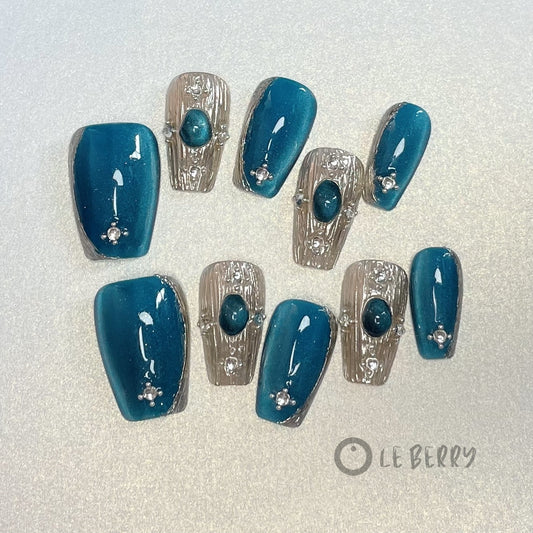 Le Berry Blue Jewelry Squoval Long Nails Press On Nails False Nails - Le Berry