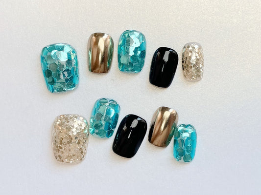 Le Berry “Midnight Disco” Squoval Handmade Press On Nails False Nails - Le Berry